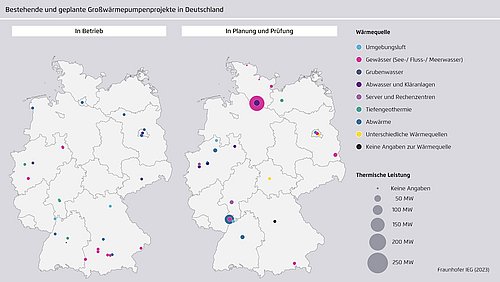 Grafik, kartenartige Übersicht zu Großwärmepumpenprojekten in Deutschland