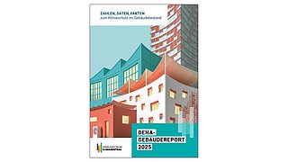 Grafik, Deckblatt des Gebäudereports 2025 der Deutschen Energie-Agentur.