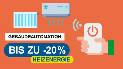 Grafik, Symbole eines Heizkörpers, einer Klimaanlage sowie einer Fernsteuerung, dazu der Text "Gebäudeautomation: Bis zu -20 % Heizenergie".