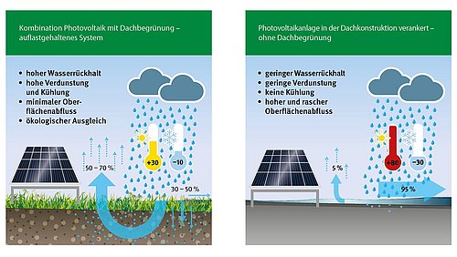 Grafik, Beschreibung und grafische Darstellung der Vorteile einer Dachbegrünung mit auflastgehaltenem System gegenüber einer verankerten Photovoltaikanlage ohne Dachbegrünung.