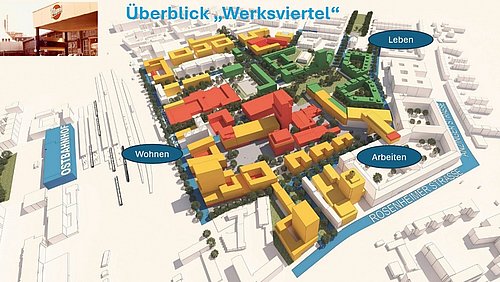 Grafik, schematischer Überblick über das geplante Werksviertel in München